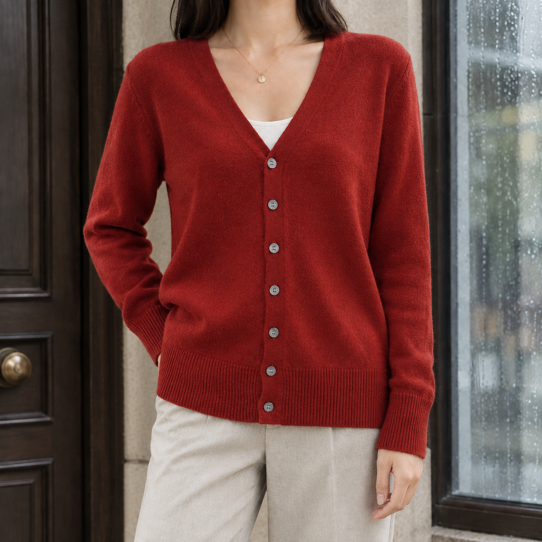 Women's Soft Knit V-Neck Button-Through Cardigan – Alanna – Rust Red – front view