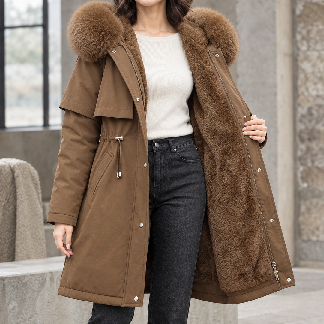 Culross women's hooded parka in Brown – front view