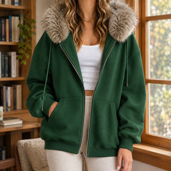Babette - Women's fur trim zip-up hoodie in Dark Green – front view