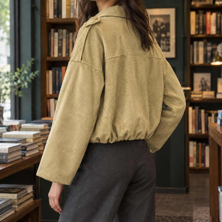 Lamberhurst women's suede-effect bomber jacket in Light Khaki – back view
