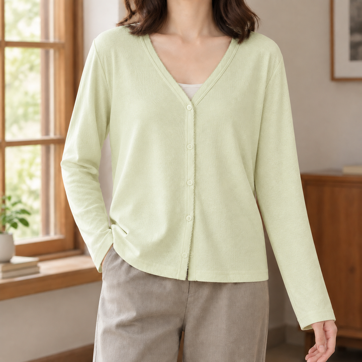 Women's Lightweight V-Neck Button-Through Cardigan – Sidony – Mint Green – front view