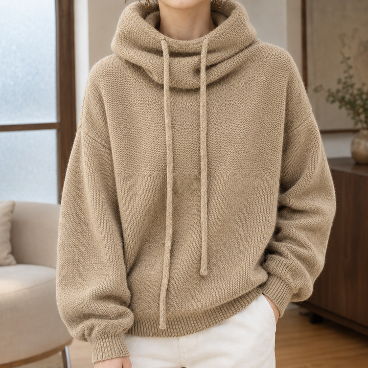 Women's Oversized Cowl Neck Knitted Hoodie with Drawstrings – Edna – Light Camel – front view