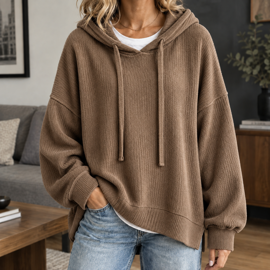 Miranda - Women's ribbed knit hoodie in Mocha – alternate view