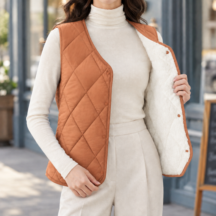 Women's Diamond Quilted Gilet with Plush Lining – Lerwick – Rust – front view showing lining