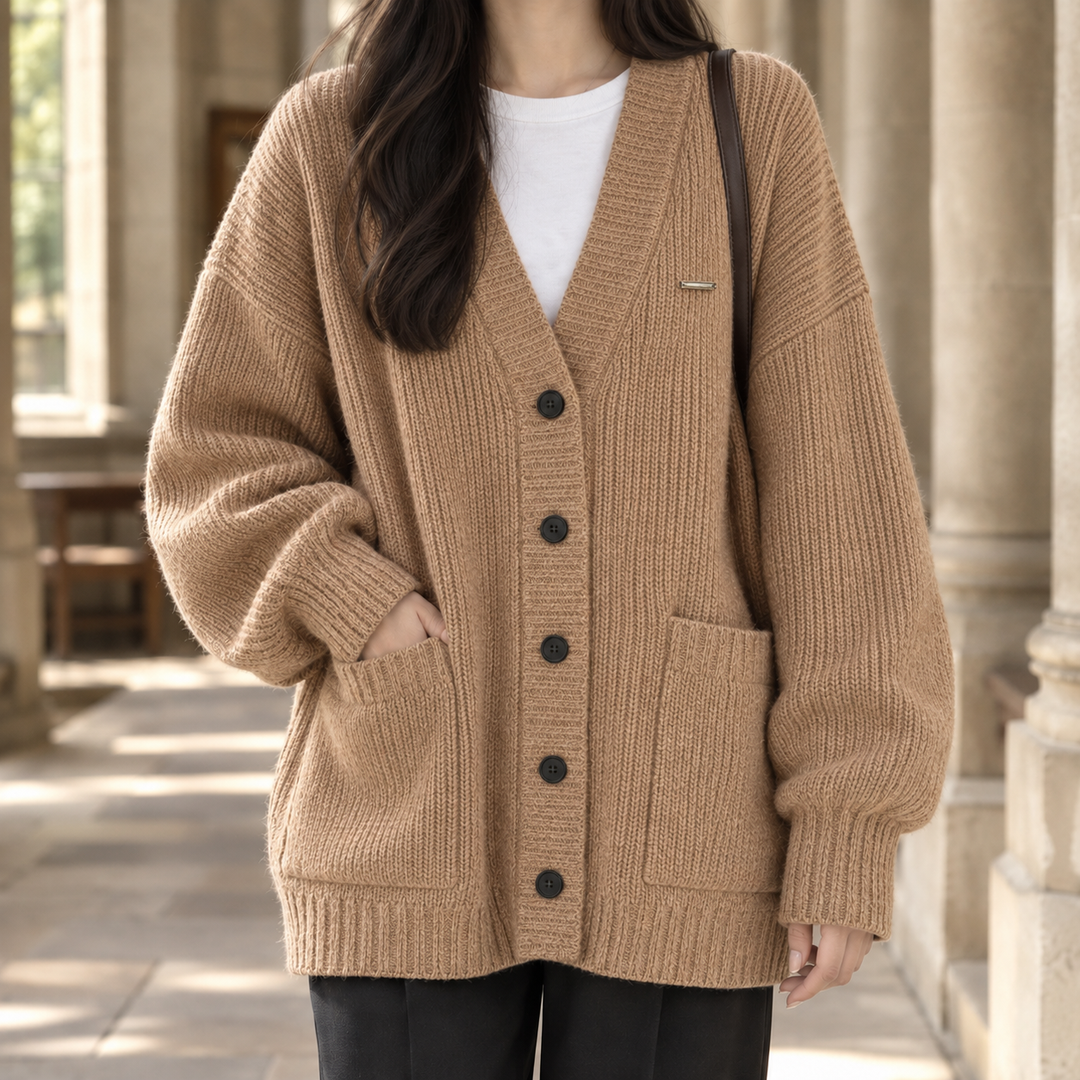 Morag - Women's ribbed cardigan in Camel – front view