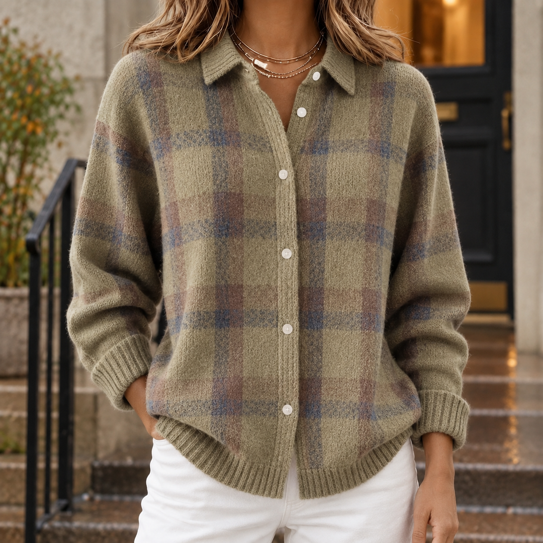 Women's Knitted Check Shacket with Ribbed Cuffs Solange – Khaki Check – front