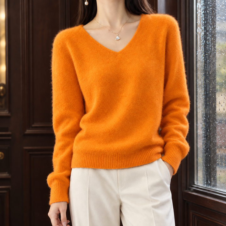 Women's Brushed Wool Relaxed V-Neck Jumper – Connie – Orange – front view