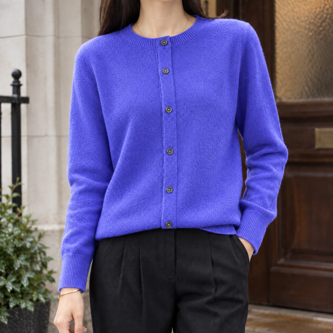 Women's wool-rich cardigan Paulette in Periwinkle Orchid – front view