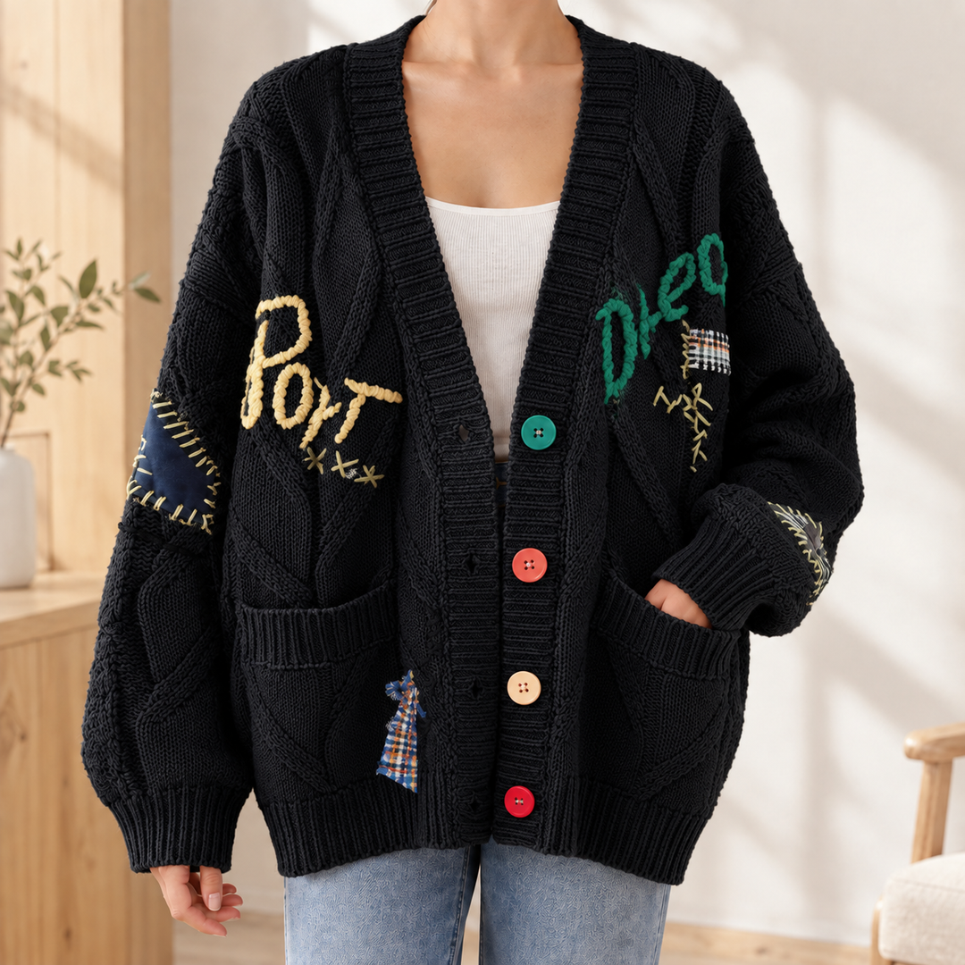 Women's Oversized Chunky Cable Knit Embroidered V-Neck Cardigan – Mabyn – Black – front view