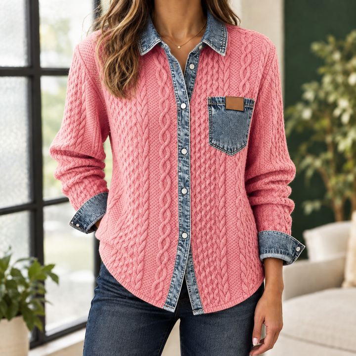 Women's Cable Knit Shacket with Denim Trim Sunniva – Pink – front