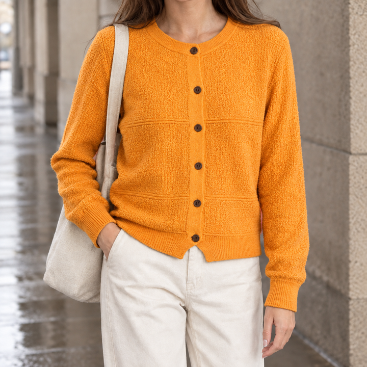 Women's Textured Knit Crew Neck Cardigan with Contrast Buttons – Jenifry – Orange – front view