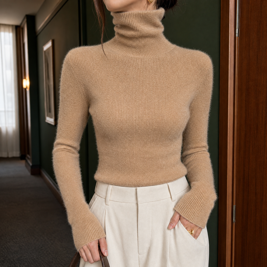 Women's Slim Fit Fine Ribbed Roll Neck Jumper – Sigrid – Caramel – front view