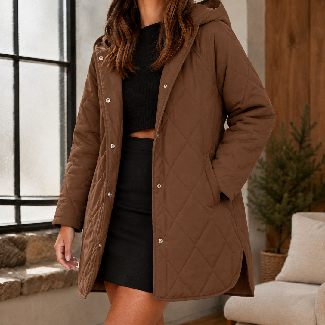 Chesham women's hooded quilted jacket in Brown – front view