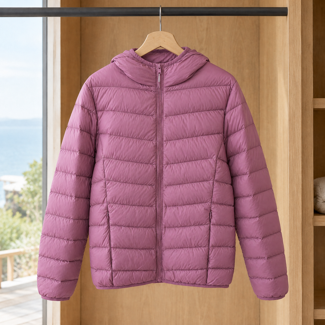 Rothbury women's hooded puffer jacket in Mauve – front view