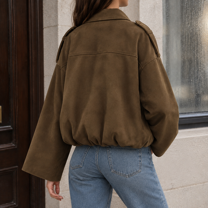 Lamberhurst women's suede-effect bomber jacket in Brown – back view