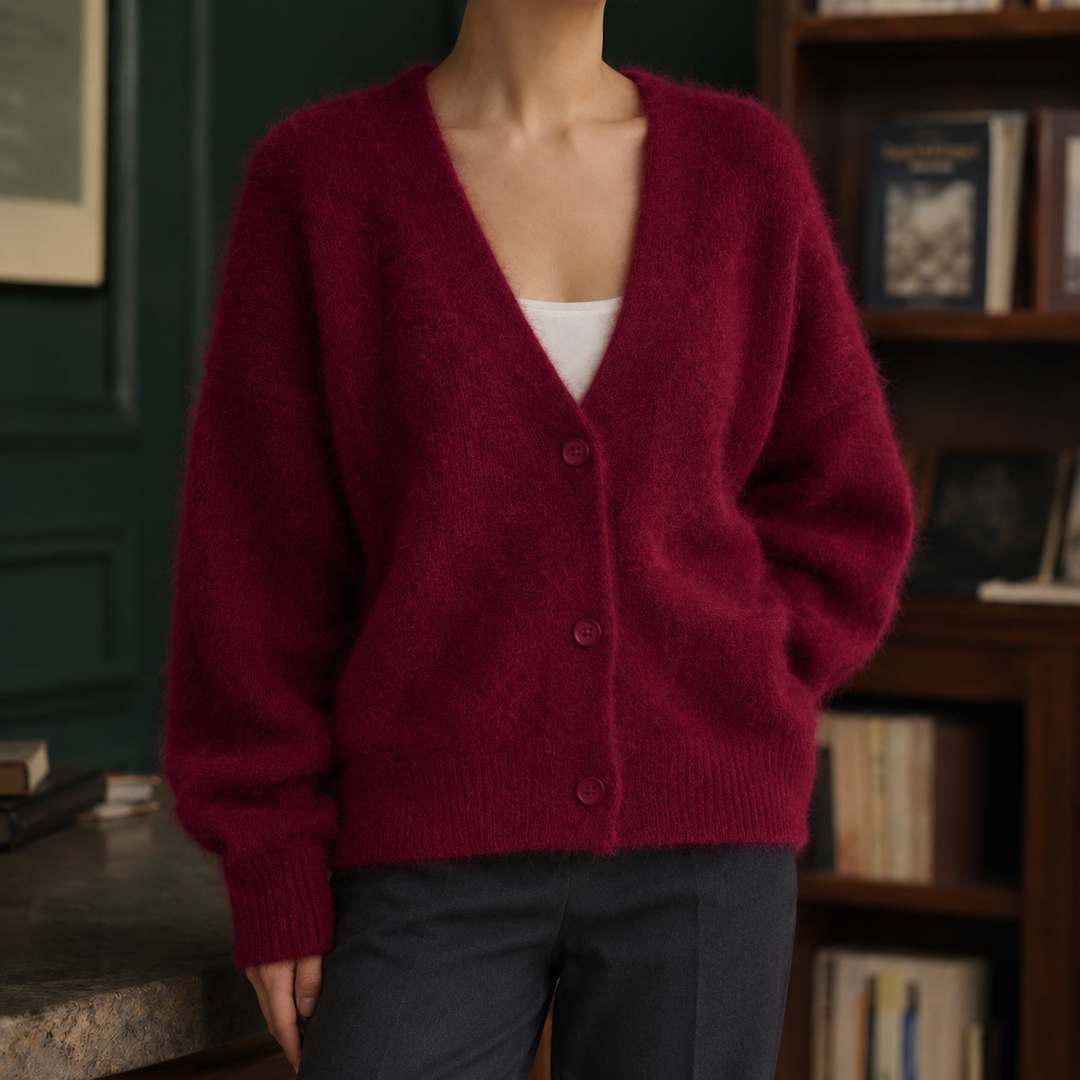 Women's fluffy V-neck cardigan Carrie in Burgundy – front view
