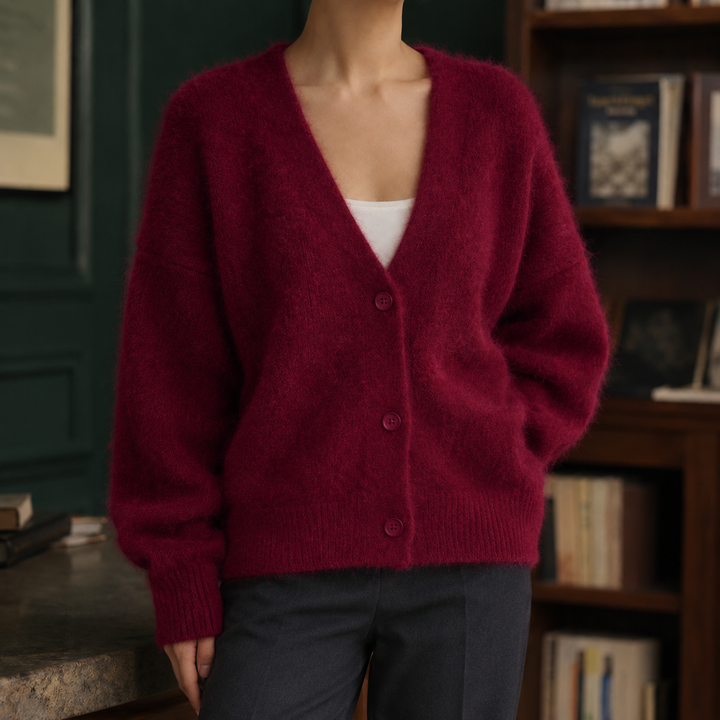 Women's fluffy V-neck cardigan Carrie in Burgundy – front view