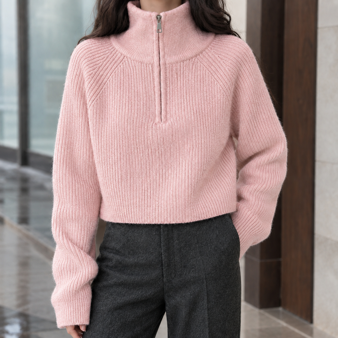 Women's Cropped Ribbed Half-Zip Jumper – Tegwen – Pink – front view
