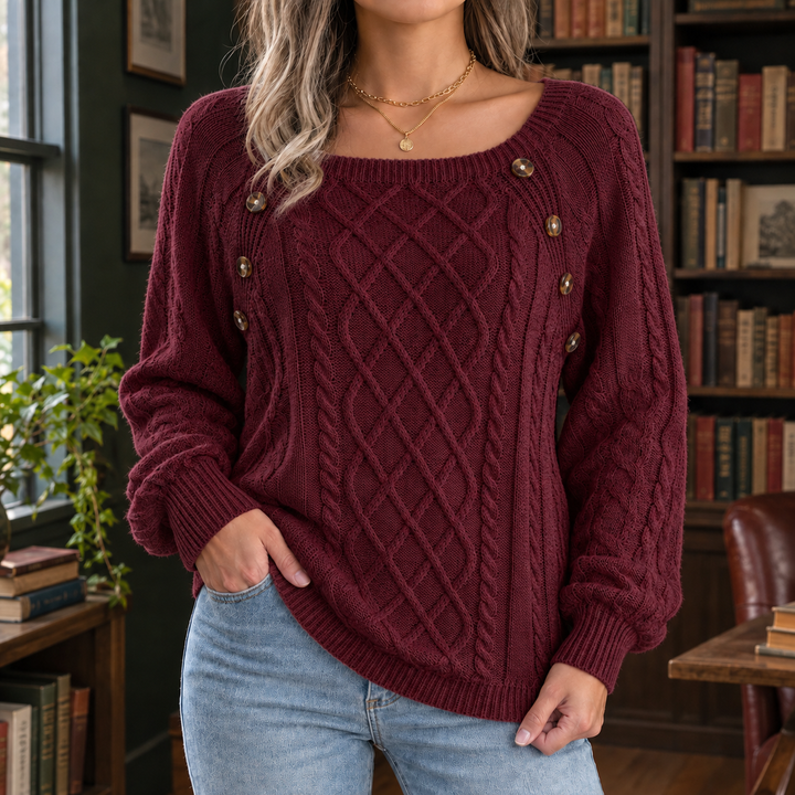 Women's Cable Knit Square Neck Jumper with Button Detail – Gwendolen – Burgundy – front view