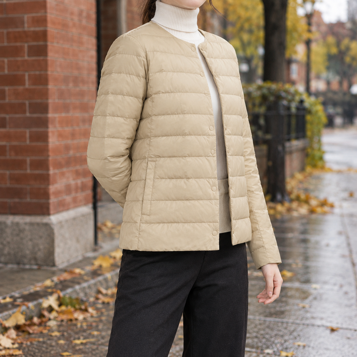 Pitlochry women's collarless quilted jacket in Camel – side view