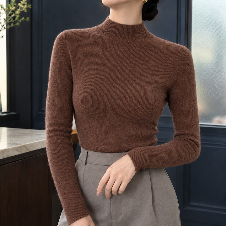 Cassandra - Women's mock neck jumper in Chocolate – front view