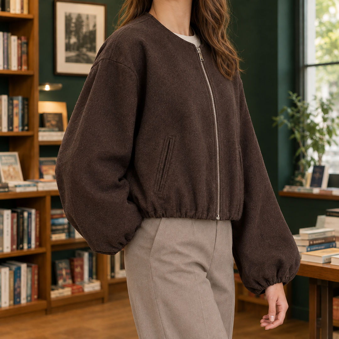 Beccles women's cropped bomber jacket in Chocolate – side view