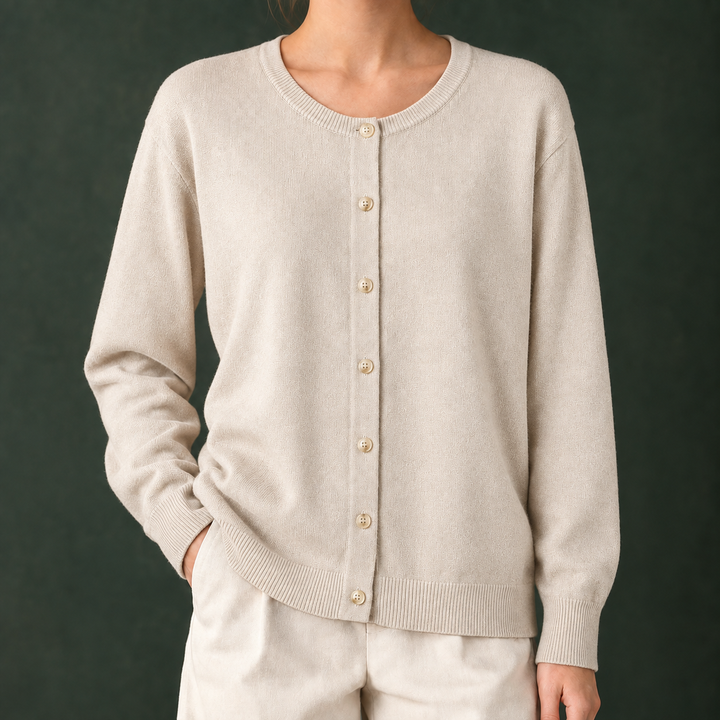 Women's Fine Knit Crew Neck Button-Through Cardigan – Avis – Oatmeal – front view