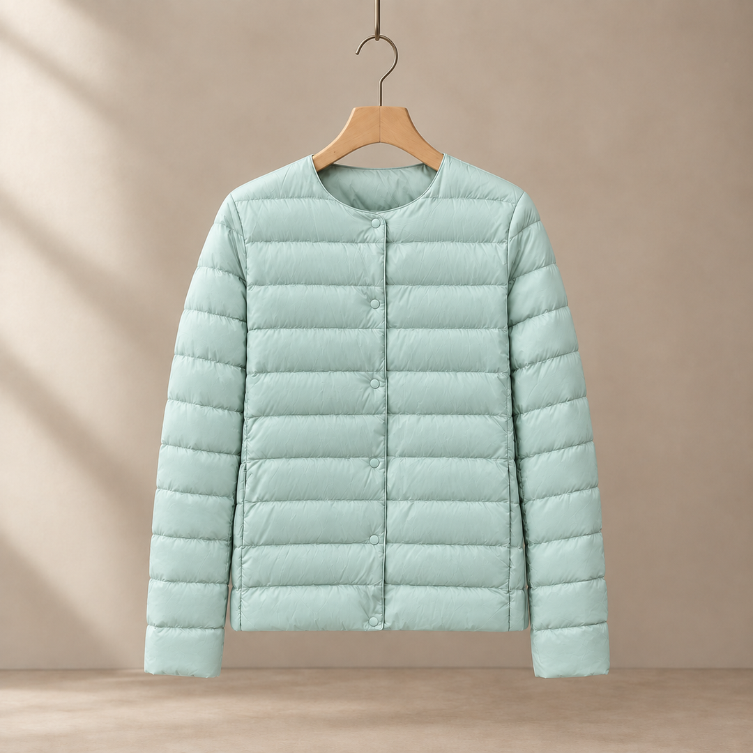 Women's Collarless Lightweight Quilted Jacket with Snap Front – Clitheroe – Mint Green – front view