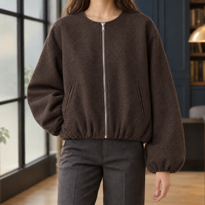 Shoreditch women's balloon sleeve jacket in Brown – front view