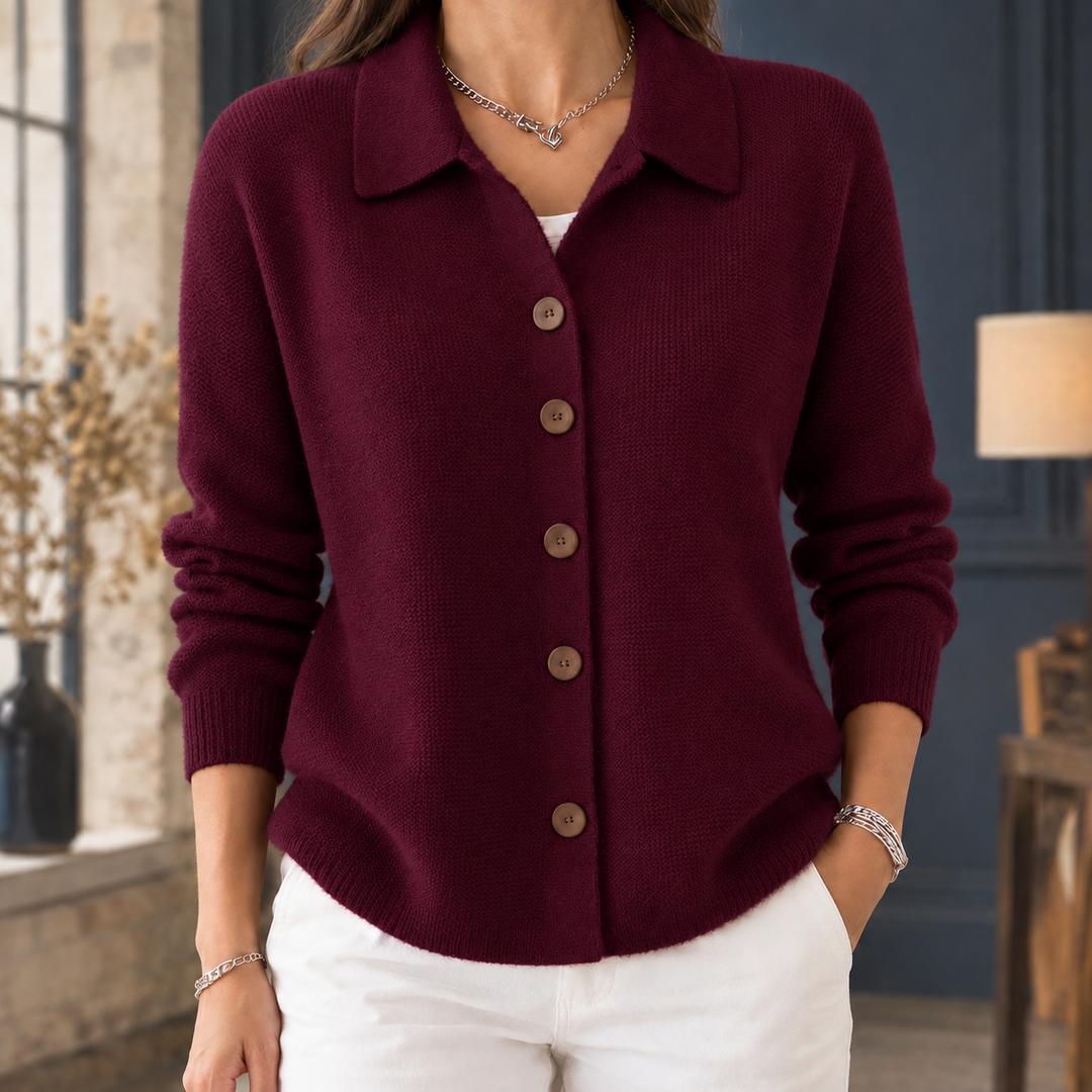 Women's wool collared cardigan Annis in Burgundy – front view