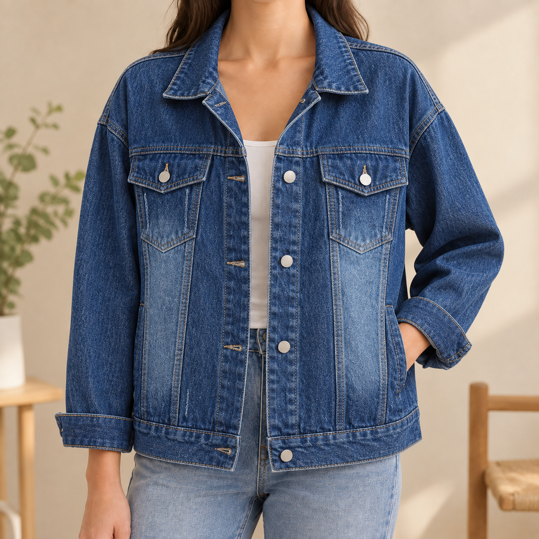 Women's Relaxed Denim Jacket with Four Pockets Tamsyn – Dark Denim – front