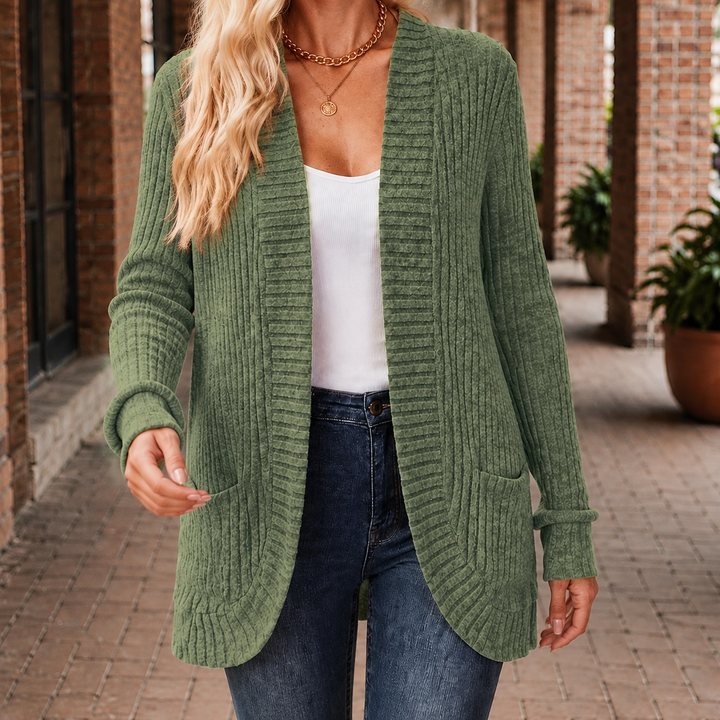 Women's Ribbed Open-Front Cardigan with Pockets – Angharad – Fern Green – front view