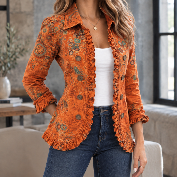 Women's Ruffle-Trim Fitted Jacket with Double Buttons Maude – Rust Paisley – front