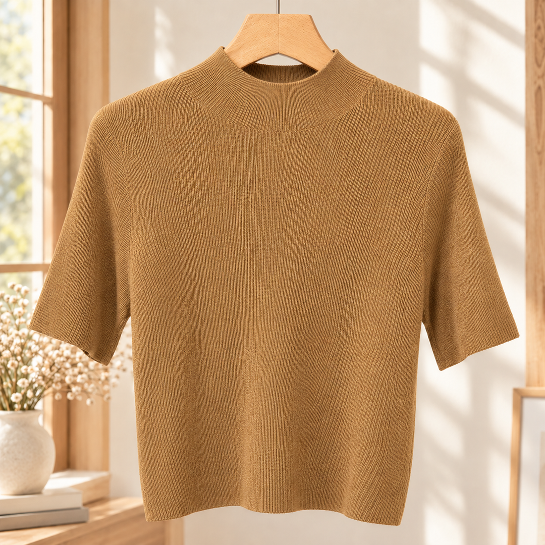 Ceinwen - Women's ribbed mock neck knit top in Golden Camel – front view