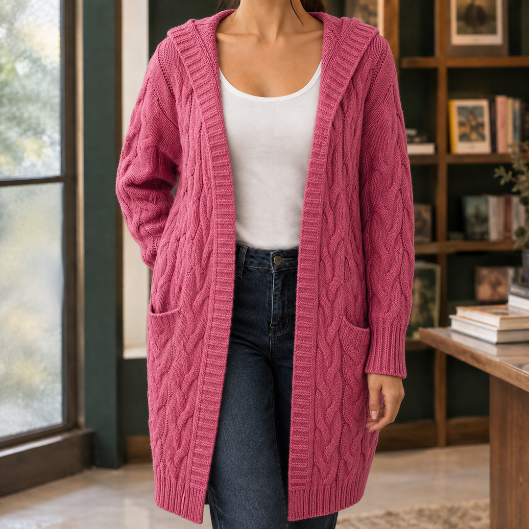 Women's Longline Hooded Cable Knit Cardigan – Merryn – Rose Red – front view