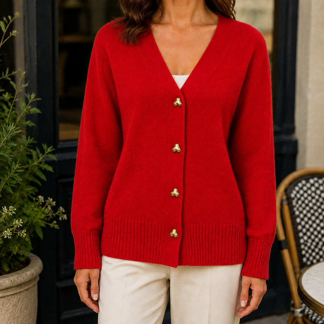 Blodwen - Women's heart button cardigan in Red – front view