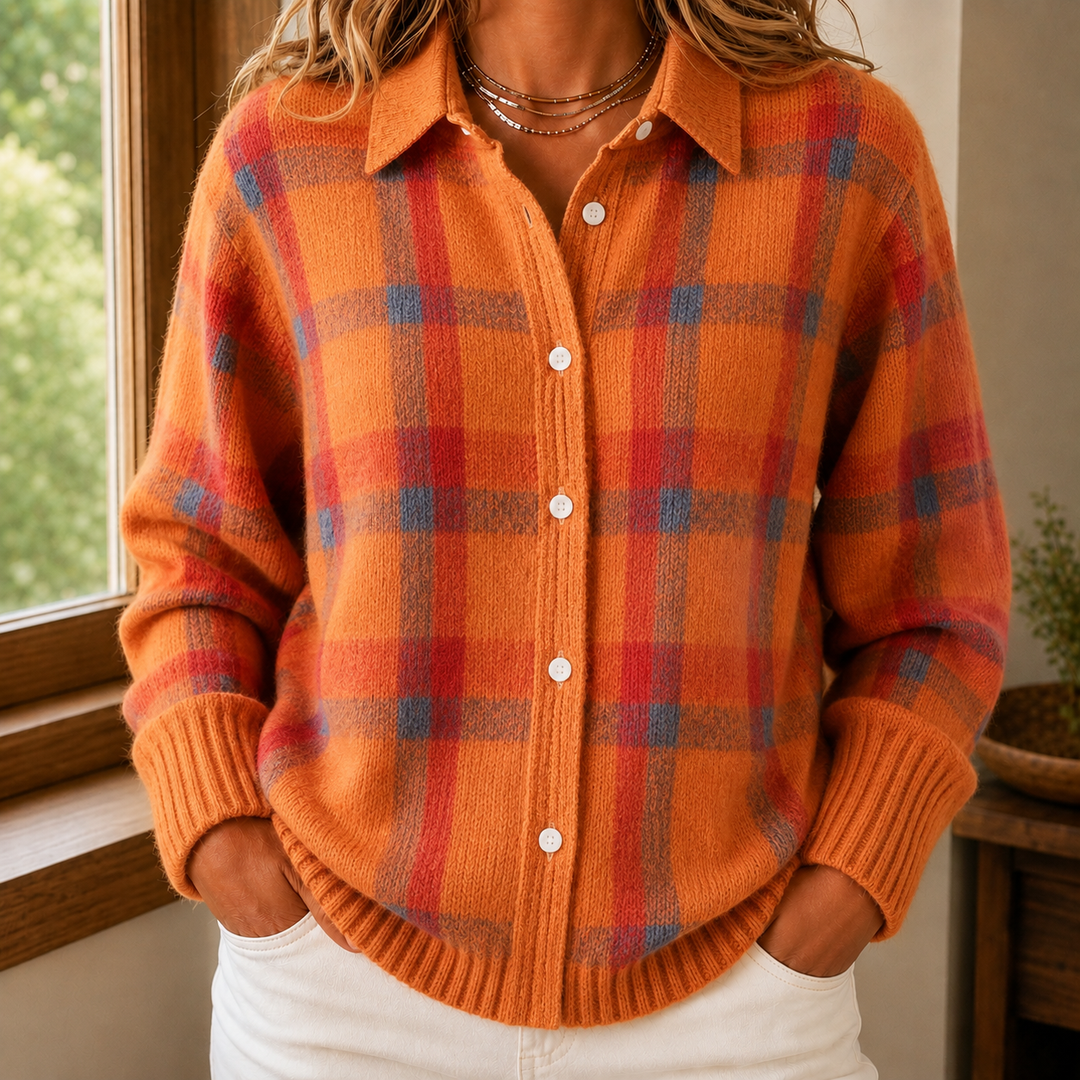 Aelwen - Women's check collared cardigan in Orange – front view