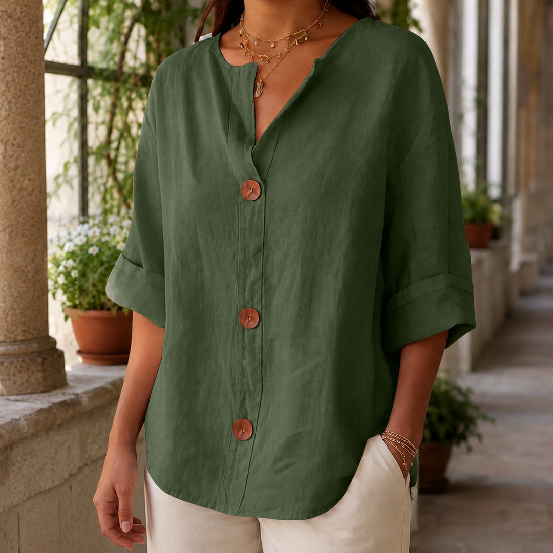 Women's Relaxed V-Neck Three-Quarter Sleeve Shirt Valencia – Green – front