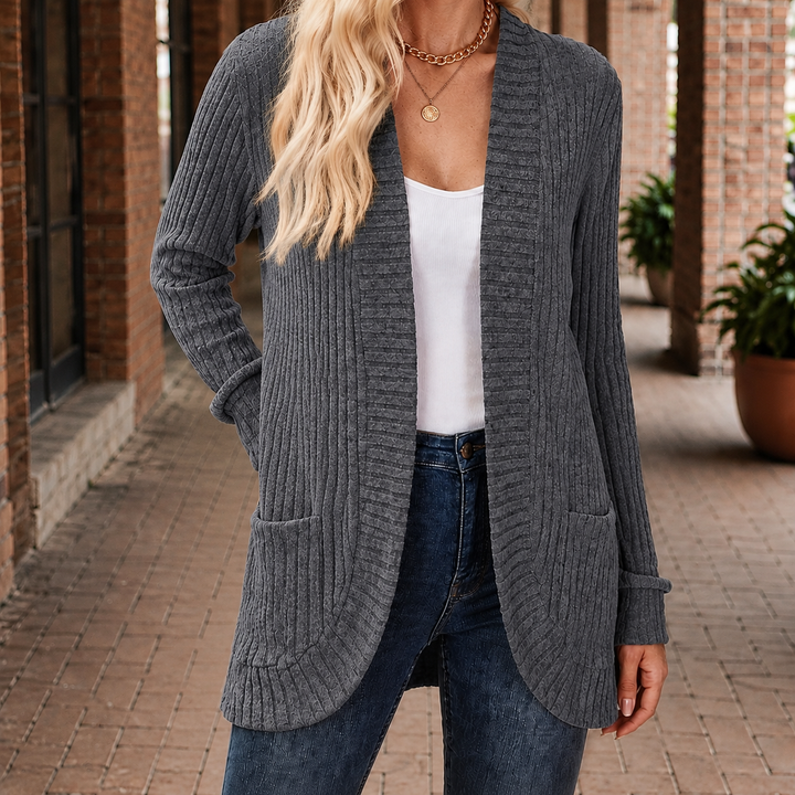 Women's Ribbed Open-Front Cardigan with Pockets – Angharad – Charcoal – front view