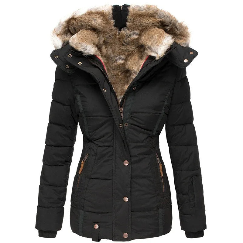 Women's faux fur lined hooded puffer coat Yasmin in Black – front view