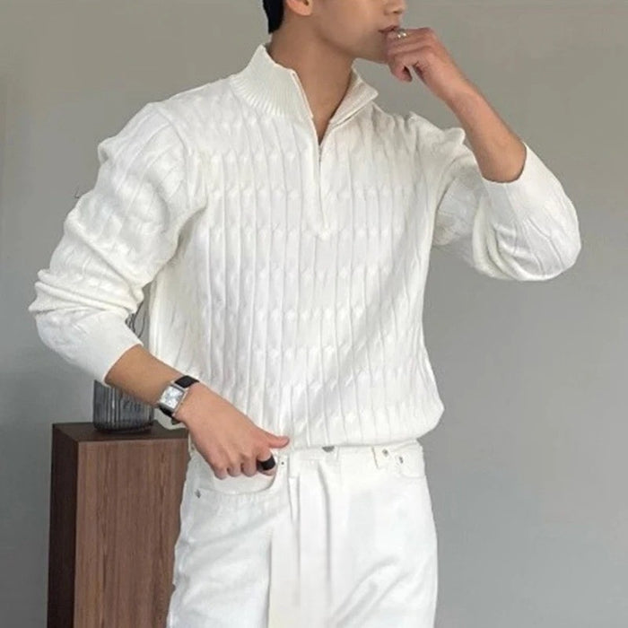 Men's cable knit half zip jumper in white – Paxton – lifestyle view