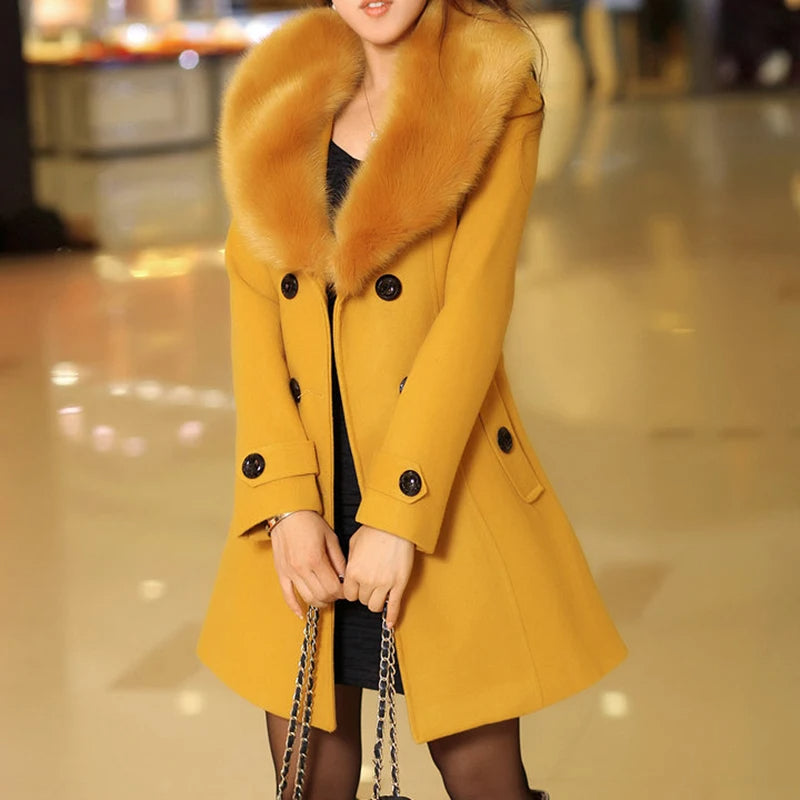 Wooler women's fur collar coat in Mustard – front view