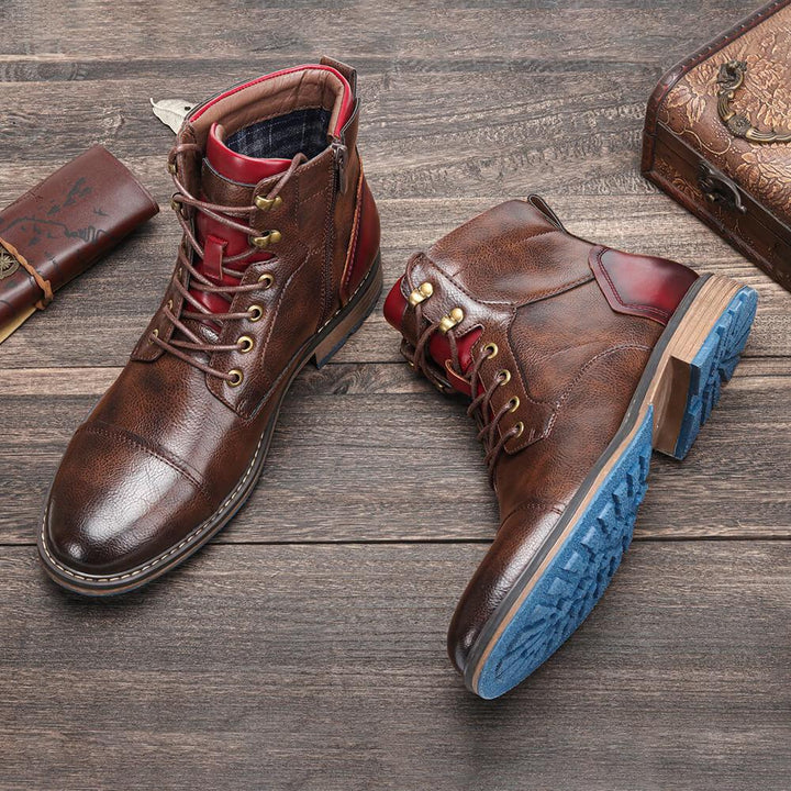 Men's toe-cap lace-up boots Georges in Brown – pair on wooden table