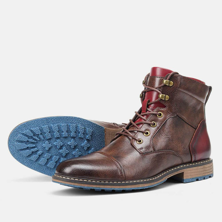 Men's toe-cap lace-up boots Georges in Brown – side view with blue sole