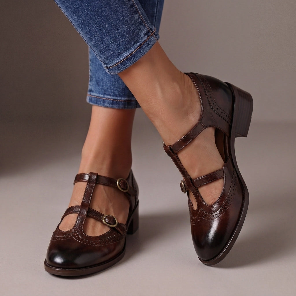 Women's Leather Brogue T-Bar Mary Janes – Lucinda