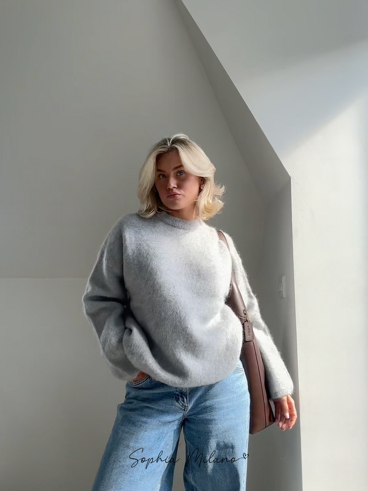 Women's fluffy knit crew neck jumper Darcey in Grey – front view