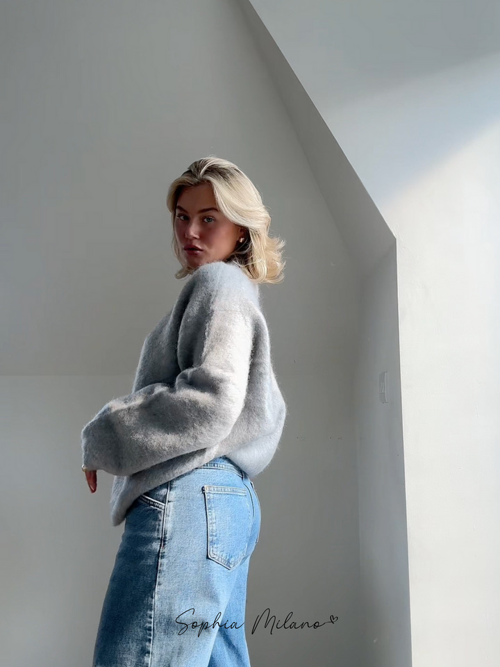 Women's fluffy knit crew neck jumper Darcey in Grey – side view