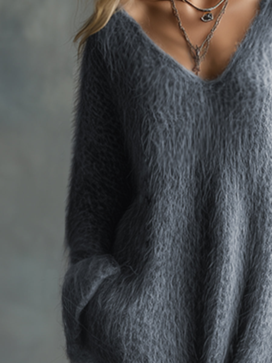 Anselma -  V-neck Gray Knitted Maxi Dress