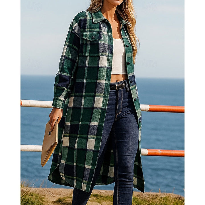 Women's Checked Longline Coat with Button Front