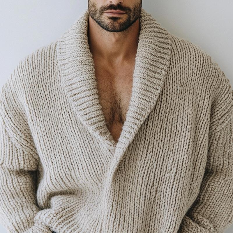 Men's chunky knit shawl collar jumper Sutton in Beige – close-up of ribbed shawl collar